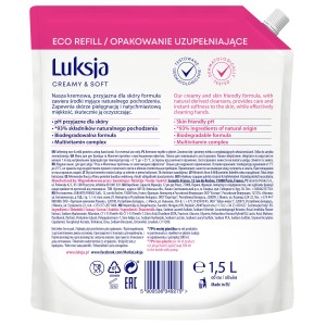 Luksja Creamy & Soft Kremowe mydło w płynie Róża i Proteiny mleka 1500 ml opakowanie uzupełniające